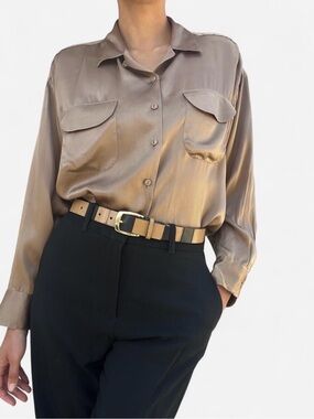 Jones New York Tan and Black Striped Leather Belt with Gold Buckle